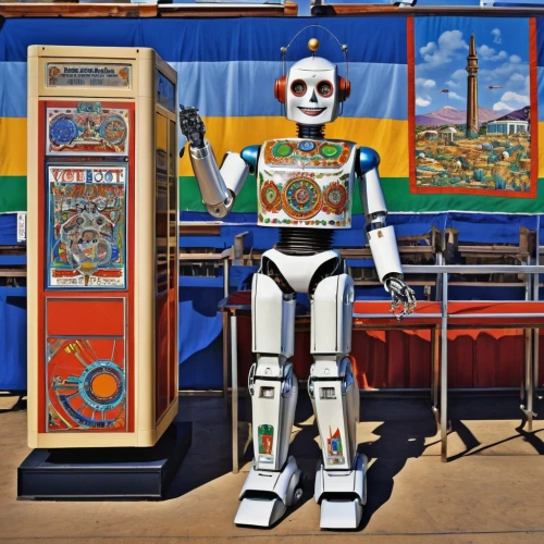 slot machines,pinball,arcade games,droids,david bates,arcade game,video game arcade cabinet,automated teller machine,skee ball,droid,tin toys,arcade,robots,folk art,petrol pump,super nintendo,overtone empire,robotics,jukebox,nintendo entertainment system,Illustration,Retro,Retro 06