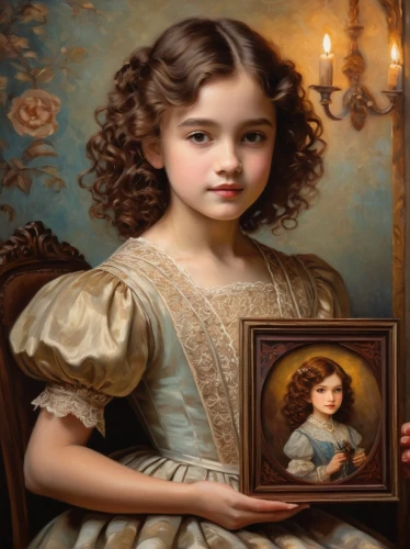 emile vernon,child portrait,mystical portrait of a girl,the little girl,portrait of a girl,oil painting on canvas,painter doll,doll looking in mirror,girl with bread-and-butter,oil painting,girl with cereal bowl,romantic portrait,gothic portrait,child's frame,girl with cloth,girl portrait,little girl,child girl,little girl with balloons,art painting,Illustration,Retro,Retro 17