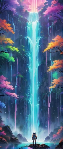 waterfall,water fall,falls,water falls,futuristic landscape,lagoon,waterfalls,acid lake,cascade,fantasy landscape,ash falls,underwater background,dream world,fairy world,chasm,flow of time,rainbow background,wishing well,underwater oasis,wasserfall,Illustration,Japanese style,Japanese Style 03