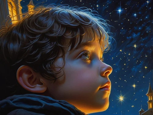 astronomer,starry sky,starry night,the stars,children's background,night stars,starry,stargazing,the night sky,star scatter,world digital painting,astronomy,a collection of short stories for children,stars,child portrait,starlight,falling stars,sci fiction illustration,boy praying,star of bethlehem,Illustration,Realistic Fantasy,Realistic Fantasy 03