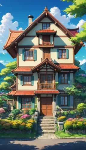 studio ghibli,house in mountains,house in the mountains,wooden house,apartment house,violet evergarden,house painting,traditional house,little house,beautiful home,house with lake,small house,house,private house,lonely house,two story house,house by the water,house in the forest,japanese architecture,apartment building,Illustration,Japanese style,Japanese Style 03
