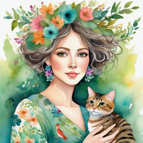 flower cat,flower animal,fantasy portrait,girl in flowers,romantic portrait,boho art,flora,beautiful girl with flowers,tiger lily,flower painting,watercolor women accessory,oriental painting,blossom kitten,fauna,flower and bird illustration,bengal,illustrator,jasmine blossom,floral wreath,hydrangea,Conceptual Art,Daily,Daily 32