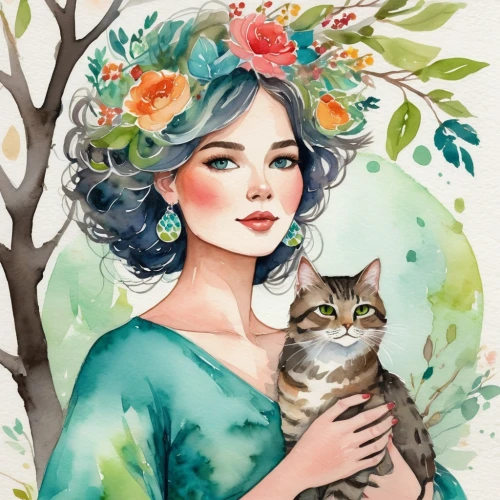 fantasy portrait,boho art,flower cat,flower and bird illustration,flora,eglantine,blossom kitten,vintage cat,cat lovers,cat sparrow,romantic portrait,watercolor cat,watercolor women accessory,vintage illustration,flower animal,fauna,girl in a wreath,cat,kat,girl in flowers,Illustration,Paper based,Paper Based 25