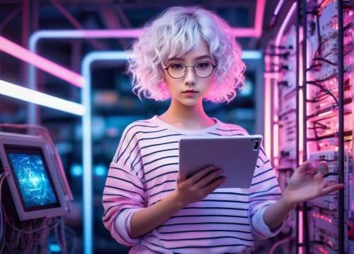 girl at the computer,cyberpunk,cyber glasses,women in technology,neon human resources,librarian,digital identity,computer freak,cyber,blonde woman reading a newspaper,computer addiction,cyberspace,retro girl,pink round frames,computer art,retro woman,80s,computer,futuristic,computer code,Conceptual Art,Sci-Fi,Sci-Fi 22