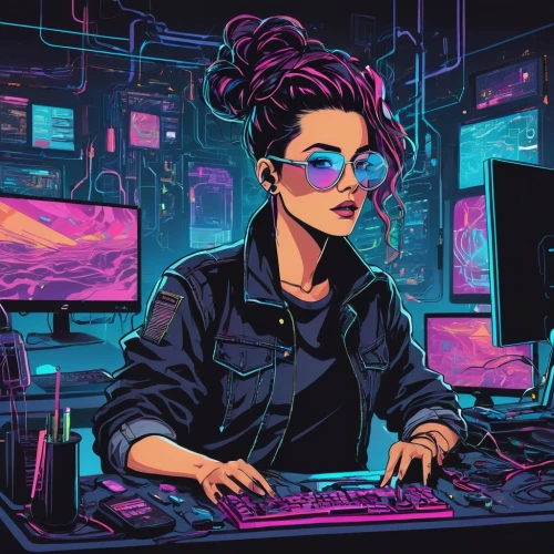 girl at the computer,cyberpunk,women in technology,cyber,vector illustration,cyber glasses,computer freak,computer addiction,night administrator,operator,freelancer,computer,vector art,computer art,sci fiction illustration,computer business,vector girl,game illustration,cyberspace,hacking,Illustration,Vector,Vector 01