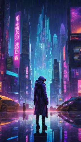 cyberpunk,shinjuku,tokyo city,fantasy city,metropolis,cityscape,taipei,dystopian,tokyo,shanghai,futuristic,sentinel,purple wallpaper,ultraviolet,futuristic landscape,chongqing,blue rain,cg artwork,would a background,colorful city,Illustration,Realistic Fantasy,Realistic Fantasy 20