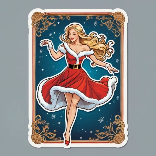 christmas pin up girl,pin up christmas girl,retro christmas lady,christmas stickers,retro christmas girl,card deck,playing card,fairy tale icons,christmas woman,queen of hearts,christmas labels,blonde girl with christmas gift,christmas angel,virgo,christmas tags,christmas snowflake banner,christmas banner,christmas ribbon,star card,christmas messenger,Unique,Design,Sticker