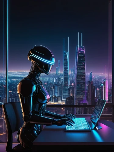 cyberpunk,women in technology,girl at the computer,cyber,cyberspace,futuristic,futuristic landscape,sci fiction illustration,neon human resources,virtual world,cyber glasses,man with a computer,scifi,computer,night administrator,doha,cybernetics,dhabi,dubai,world digital painting,Illustration,Realistic Fantasy,Realistic Fantasy 29