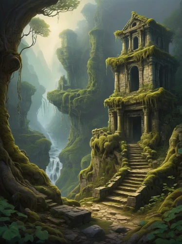 ancient house,ancient city,fantasy landscape,witch's house,ancient buildings,house in the forest,abandoned place,the ruins of the,ancient,stone palace,mushroom landscape,mountain settlement,ruins,fantasy picture,ancient building,hall of the fallen,druid grove,fantasy art,mausoleum ruins,the ancient world,Illustration,Realistic Fantasy,Realistic Fantasy 44