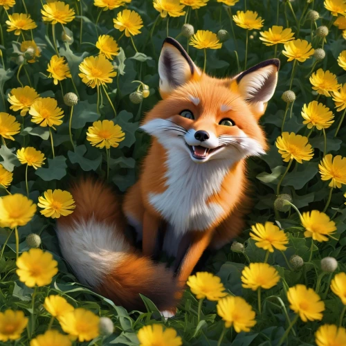 adorable fox,cute fox,fox,little fox,a fox,child fox,garden-fox tail,springtime background,spring background,flower animal,flower background,redfox,red fox,daffodils,picking flowers,flower painting,vulpes vulpes,flower field,digital painting,orange petals