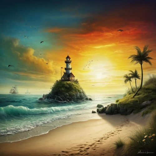 lighthouse,electric lighthouse,landscape background,an island far away landscape,beach landscape,light house,fantasy picture,world digital painting,islet,sea landscape,tropical sea,seascape,coastal landscape,fantasy art,dream beach,beach scenery,bird island,fantasy landscape,south seas,petit minou lighthouse,Illustration,Abstract Fantasy,Abstract Fantasy 01