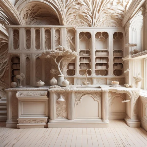 3d fantasy,medieval architecture,bakery,pâtisserie,victorian kitchen,gingerbread maker,baroque,ceramics,clay packaging,pantry,apothecary,dolls houses,pipe organ,highclere castle,ornate room,whipped cream castle,pastry shop,kitchen shop,pastries,wood carving