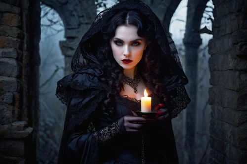 gothic woman,gothic portrait,dark gothic mood,sorceress,gothic fashion,gothic style,black candle,vampire woman,candlemaker,gothic,the enchantress,celebration of witches,psychic vampire,witch house,witches pentagram,goth woman,vampire lady,the witch,gothic dress,dark elf,Illustration,Realistic Fantasy,Realistic Fantasy 11