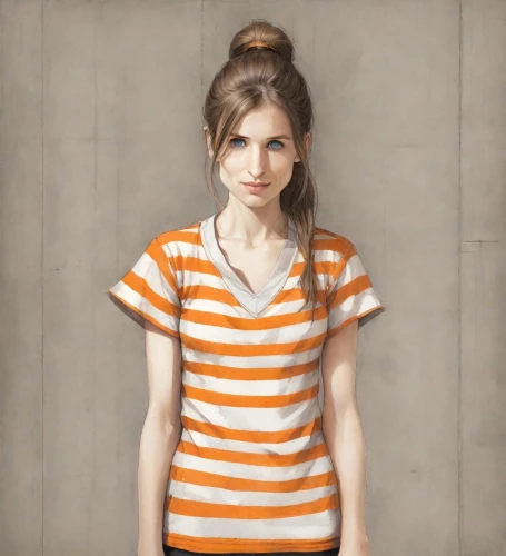 girl in t-shirt,striped background,girl in a long,horizontal stripes,portrait background,portrait of a girl,girl with cloth,young woman,girl portrait,isolated t-shirt,girl with cereal bowl,girl with bread-and-butter,girl in cloth,stripes,world digital painting,girl on a white background,striped,photo painting,oil painting,orange color,Digital Art,Ink Drawing