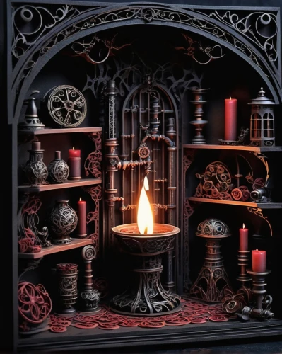 dark cabinetry,candlemaker,fireplace,vanitas,christmas fireplace,apothecary,fireplaces,dark cabinets,victorian kitchen,hearth,witch's house,cauldron,dollhouse accessory,tealight,dolls houses,candle wick,witch house,masonry oven,clockmaker,potions,Unique,Paper Cuts,Paper Cuts 09