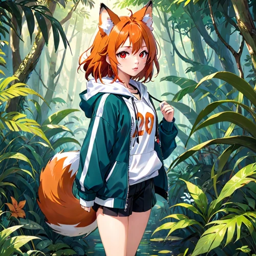 garden-fox tail,cute fox,fox,adorable fox,little fox,forest background,a fox,vulpes vulpes,child fox,chestnut tiger,summer coat,parka,kitsune,dhole,forest animal,in the forest,redfox,jacket,foxes,vicuña,Anime,Anime,Realistic