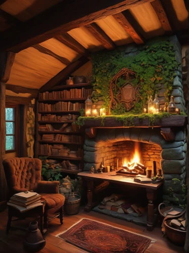 fireplace,hobbiton,fireplaces,fire place,warm and cozy,fireside,log home,log fire,wood stove,the cabin in the mountains,wood-burning stove,log cabin,country cottage,cabin,hearth,small cabin,summer cottage,cottage,christmas fireplace,rustic,Illustration,Realistic Fantasy,Realistic Fantasy 27