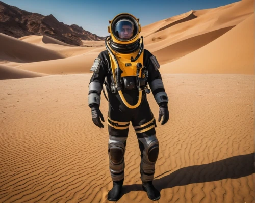 dry suit,spacesuit,astronaut suit,space suit,space-suit,merzouga,explorer,sahara desert,high-visibility clothing,hazmat suit,aquanaut,protective suit,desert planet,dune,jumpsuit,nomad,desert,yellow jumpsuit,desert run,yellow jacket,Photography,General,Natural