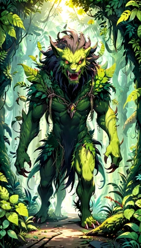 forest king lion,forest man,druid,druid grove,forest dragon,forest animal,waldmeister,aaa,patrol,leopard's bane,forest background,orc,tarzan,mandraki,tree man,druids,background ivy,kangkong,king of the jungle,game illustration,Anime,Anime,Traditional