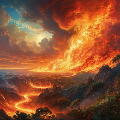 fire in the mountains,fire mountain,volcanic landscape,lake of fire,dragon fire,fantasy landscape,fire on sky,fire planet,burning earth,fire background,volcanic,pillar of fire,volcanic field,the conflagration,forest fire,volcanic eruption,volcano,wildfire,lava,the eruption,Conceptual Art,Fantasy,Fantasy 05