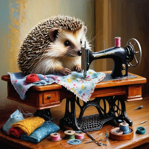 sewing,domesticated hedgehog,knitting,seamstress,sewing machine,sewing tools,hedgehog,sewing stitches,meticulous painting,sewing thread,knitting wool,watchmaker,tailor,amur hedgehog,to knit,sewing notions,whimsical animals,knitting laundry,hedgehogs,painting technique,Conceptual Art,Oil color,Oil Color 06