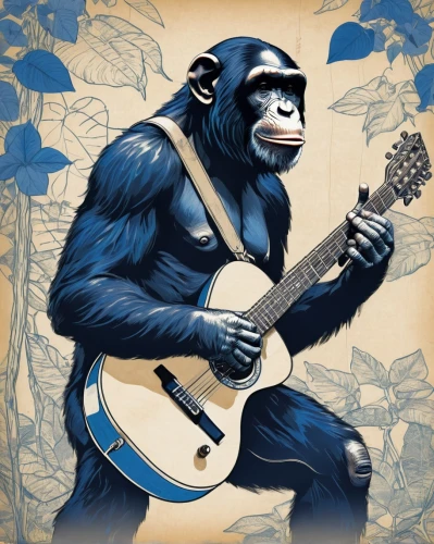 monkeys band,gorilla,great apes,gorilla soldier,bonobo,chimpanzee,war monkey,primate,chimp,ape,monkey soldier,monkey wrench,silverback,king kong,banjo guitar,banjo uke,the monkey,banjo player,anthropomorphized animals,jazz guitarist,Unique,Design,Blueprint