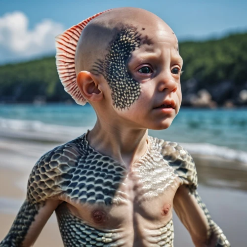 beach snake,reptilian,chain mail,bodypainting,body painting,maori,bodypaint,god of the sea,short-tailed cancer,sea god,young cancer,alien warrior,sea snake,snakebite,sea-life,mutation,merfolk,dwarf armadillo,merman,reptilians,Photography,General,Realistic