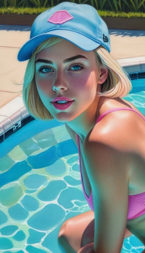 swim cap,pink hat,pool water,water polo cap,pool,baseball cap,girl wearing hat,digital painting,detail shot,swimmer,golfer,pool cleaning,female swimmer,color pencil,swim ring,lifeguard,the blonde in the river,samantha troyanovich golfer,poolside,pool water surface,Conceptual Art,Daily,Daily 17