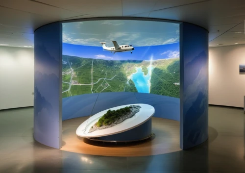 futuristic art museum,a museum exhibit,sky space concept,parabolic mirror,artscience museum,ufo interior,klaus rinke's time field,panoramical,interactive kiosk,exhibit,environmental art,virtual landscape,wind energy,wind turbine,glass wall,windenergy,maglev,flat panel display,360 ° panorama,terrestrial globe,Photography,General,Realistic