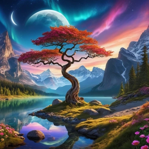 fantasy landscape,colorful tree of life,fantasy picture,landscape background,magic tree,fantasy art,lone tree,flourishing tree,tree of life,nature landscape,world digital painting,celtic tree,purple landscape,cartoon video game background,fairy world,beautiful landscape,mushroom landscape,children's background,painted tree,blossom tree,Conceptual Art,Oil color,Oil Color 14