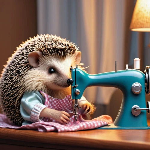 domesticated hedgehog,young hedgehog,sewing,amur hedgehog,hedgehog,hoglet,sewing stitches,animals play dress-up,hedgehogs,musical rodent,anthropomorphized animals,hedgehog child,whimsical animals,schleich,sewing machine,to knit,seamstress,cordless screwdriver,knitting,sewing thread,Photography,General,Realistic