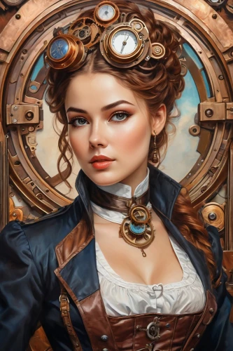 steampunk,steampunk gears,clockmaker,fantasy portrait,victorian lady,ladies pocket watch,watchmaker,girl with a wheel,rosa ' amber cover,fantasy art,ornate pocket watch,grandfather clock,pocket watch,victorian style,ships wheel,clockwork,mystical portrait of a girl,portrait background,the sea maid,key-hole captain,Conceptual Art,Fantasy,Fantasy 25