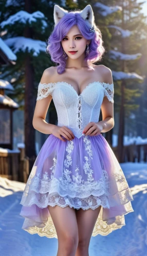 winter dress,winterblueher,winter background,white purple,arctic fox,white winter dress,fur clothing,suit of the snow maiden,fae,lilac,cute fox,pale purple,fantasy picture,christmas fox,white with purple,fairy tale character,purple-white,snow angel,ice queen,doll dress,Photography,General,Realistic