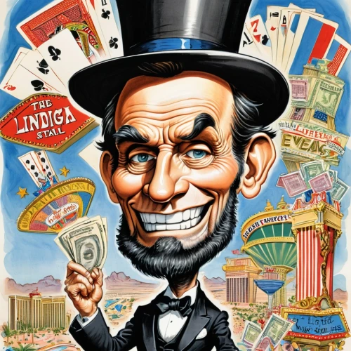 abraham lincoln,lincoln cosmopolitan,lincoln,ringmaster,caricaturist,abe,monopoly,frank sinatra,las vegas entertainer,uncle sam,caricature,gambler,magician,pinocchio,jigsaw,monte carlo,jiminy cricket,lincoln custom,vaudeville,nasdaq,Illustration,Abstract Fantasy,Abstract Fantasy 23