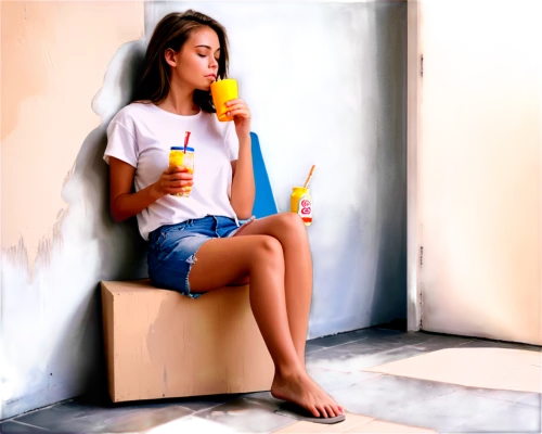 relaxed young girl,woman with ice-cream,popsicle,icepop,ice pop,girl sitting,girl in a long,slurpee,popsicles,colored straws,colored pencil background,yellow background,cold drink,woman sitting,girl studying,plastic straws,female model,photo painting,orange drink,orangina,Conceptual Art,Fantasy,Fantasy 02