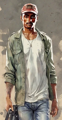 construction worker,kendrick lamar,kabir,gangstar,jackal,chopper,man holding gun and light,che,african man,digital painting,world digital painting,portrait background,cargo,blue-collar worker,oil painting on canvas,cargo pants,novelist,game art,bandana background,rifleman,Digital Art,Watercolor