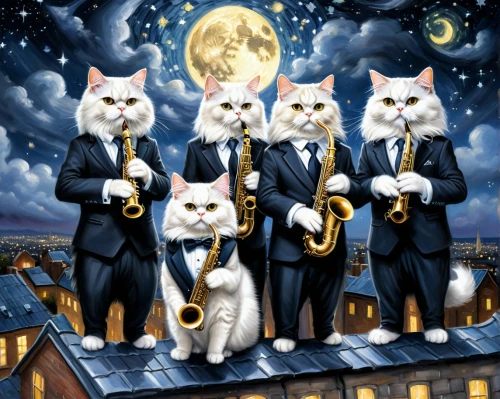 brass band,big band,musical ensemble,music band,orchesta,philharmonic orchestra,cats,cat family,vintage cats,orchestra,symphony orchestra,trombone concert,stray cats,musicians,white cat,oboe,trumpets,clarinetist,saxophone,saxophone player,Conceptual Art,Fantasy,Fantasy 30