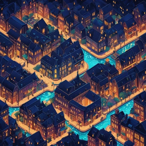 city at night,aurora village,delft,escher village,cityscape,row houses,roofs,city blocks,fantasy city,colorful city,rooftops,city lights,slum,row of houses,skyscraper town,apartment-blocks,blocks of houses,cities,townhouses,city cities,Unique,3D,Isometric