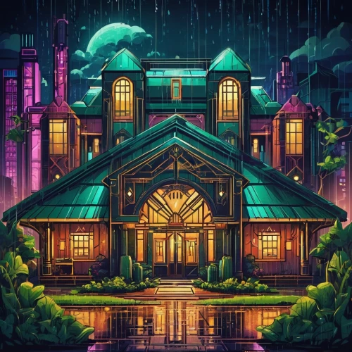 witch's house,house in the forest,studio ghibli,lonely house,bungalow,house by the water,fantasy city,greenhouse,aquarium,tropical house,house with lake,house of the sea,lagoon,ancient house,abandoned place,little house,conservatory,shelter,frog background,treehouse,Illustration,Vector,Vector 16