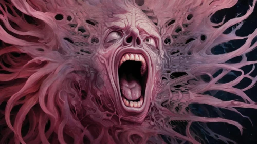 parasite,medusa,scream,flesh eater,scared woman,supernatural creature,rage,anger,anguish,exploding head,magenta,turmoil,radicchio,polyp,medusa gorgon,the thing,yawning,predation,angry man,fractalius
