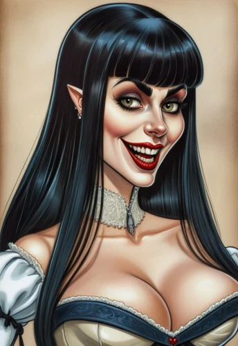 vampire woman,vampire lady,harley quinn,rockabella,vampira,vampire,psychic vampire,caricaturist,fantasy portrait,harley,tura satana,fantasy woman,killer smile,grin,cleopatra,evil woman,gothic portrait,a girl's smile,caricature,kali,Illustration,Abstract Fantasy,Abstract Fantasy 23