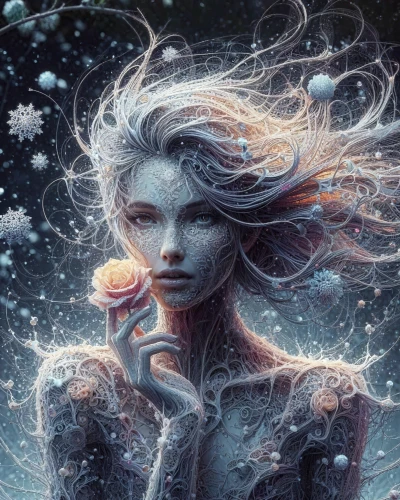 the snow queen,ice queen,winter magic,winter dream,white rose snow queen,eternal snow,snow drawing,glory of the snow,winter rose,winterblueher,suit of the snow maiden,hoarfrost,snowfall,fantasy portrait,blue snowflake,crystalline,infinite snow,winter background,mystical portrait of a girl,frozen