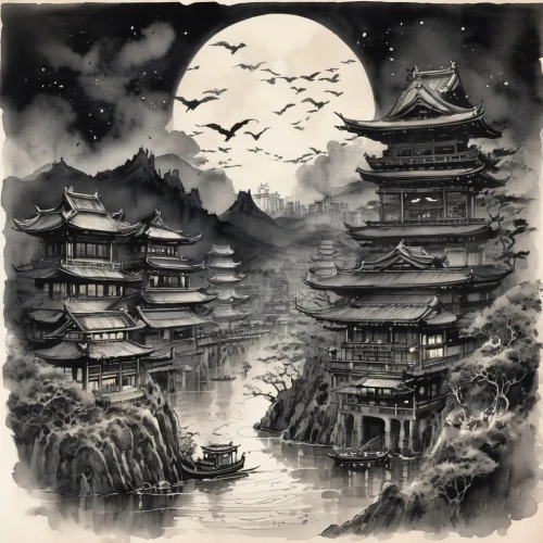 mid-autumn festival,cool woodblock images,chinese art,tsukemono,japanese art,oriental painting,japan landscape,chinese architecture,asian architecture,moonlit night,japanese background,world digital painting,fantasy landscape,lunar landscape,yi sun sin,full moon day,ancient city,chinese background,chinese clouds,hanging temple,Illustration,Paper based,Paper Based 30