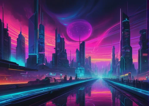 futuristic landscape,cyberpunk,cityscape,fantasy city,vast,futuristic,metropolis,scifi,sci - fi,sci-fi,fantasy landscape,alien world,colorful city,alien planet,sci fiction illustration,sci fi,space art,cyberspace,ultraviolet,cg artwork,Illustration,Retro,Retro 16