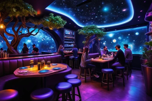 ufo interior,unique bar,rosa cantina,sky space concept,piano bar,new york restaurant,nightclub,fantasy world,shanghai disney,fine dining restaurant,paris cafe,bar spiral galaxy,teacups,neon light drinks,3d fantasy,liquor bar,the disneyland resort,wine bar,star kitchen,neon drinks,Illustration,Black and White,Black and White 08