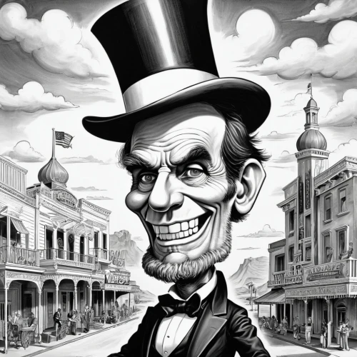 lincoln,abraham lincoln,lincoln cosmopolitan,lincoln custom,caricaturist,victorian,caricature,lincoln blackwood,deadwood,the victorian era,bram stoker,abe,two face,victorian style,ringmaster,wild west hotel,disneyland park,vaudeville,cartoon doctor,the disneyland resort,Illustration,Abstract Fantasy,Abstract Fantasy 23