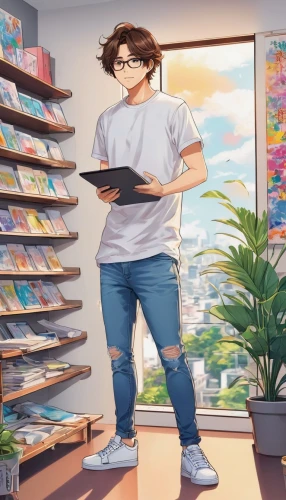 book store,bookstore,boy's room picture,anime japanese clothing,watercolor shops,flower shop,browsing,anime boy,bookworm,convenience store,bookshop,shopping icon,grocery,shelves,holding ipad,anime cartoon,art background,shopping icons,room boy,stylish boy,Illustration,Japanese style,Japanese Style 04