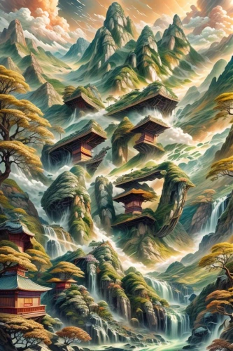 mountain scene,mountainous landscape,mountain landscape,mountain settlement,the landscape of the mountains,mountain village,himalaya,fantasy landscape,chinese clouds,chinese art,landscape background,meteora,river landscape,japanese mountains,japanese waves,himalayas,high landscape,high mountains,coastal landscape,mountainous landforms