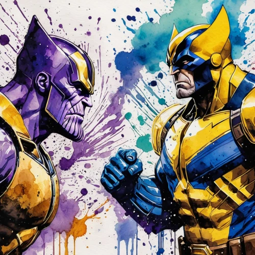 x-men,xmen,purple and gold,wolverine,x men,gold and purple,thanos,electro,comic characters,kryptarum-the bumble bee,thanos infinity war,wall,painting technique,two bees,bee,bumblebees,versus,superhero background,alliance,bumblebee,Illustration,Paper based,Paper Based 25