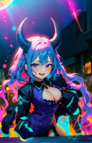 hatsune miku,medusa,fire background,devil,medusa gorgon,monsoon banner,wiz,fire devil,glowing antlers,uruburu,ram,ultraviolet,steam icon,cyan,walpurgis night,vocaloid,haunebu,anime 3d,vivid,would a background